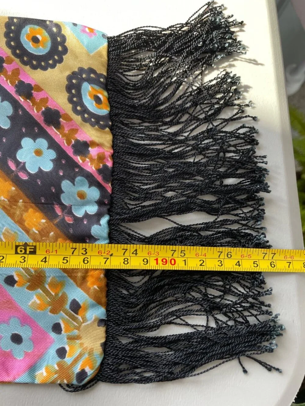 Vintage Floral Silk Scarf Black Fringe Trim Multicolor Neck Wrap Boho Festival